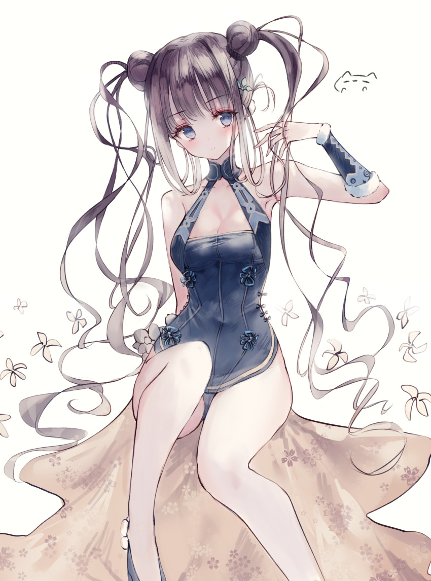 1girl absurdres armpits bangs bare_shoulders black_dress black_footwear blue_eyes blush brown_hair closed_mouth commentary_request double_bun dress eyebrows_visible_through_hair fate/grand_order fate_(series) flower fur_trim hand_up highres knee_up leaning_to_the_side looking_at_viewer shoes sidelocks signature simple_background sitting sleeveless sleeveless_dress solo tandohark twintails white_background white_flower yang_guifei_(fate/grand_order)