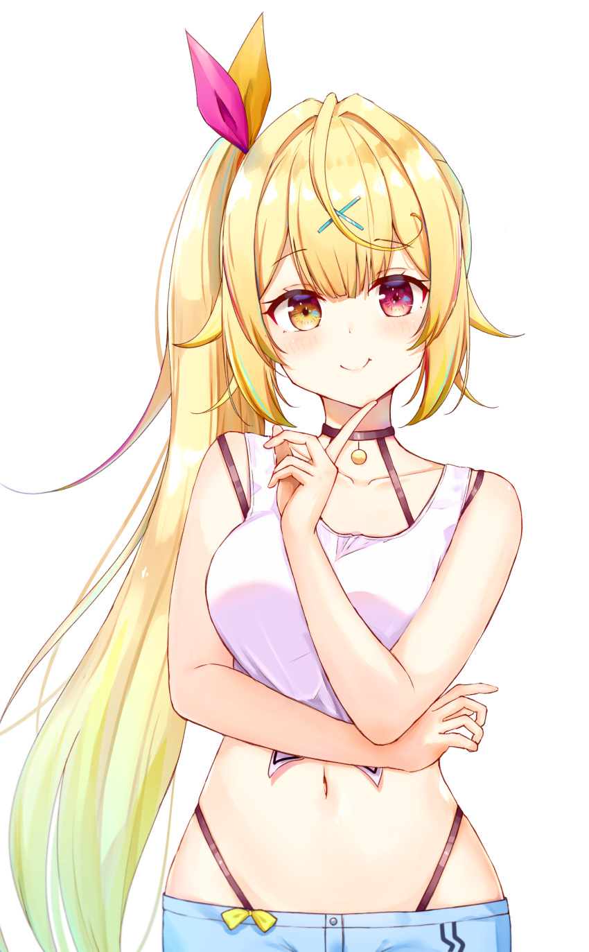 1girl ahoge aruku_ryougaeki bangs bare_shoulders belly blonde_hair blush breasts collarbone crop_top eyebrows_visible_through_hair front-tie_top hair_between_eyes hair_ornament hair_ribbon hand_on_hip heterochromia highleg highleg_panties highres hoshikawa_sara long_hair medium_breasts midriff multicolored_hair navel nijisanji panties pink_hair ribbon shirt shorts side_ponytail sidelocks simple_background sleeveless smile solo streaked_hair tank_top underwear upper_body very_long_hair white_background white_shirt x_hair_ornament yellow_eyes