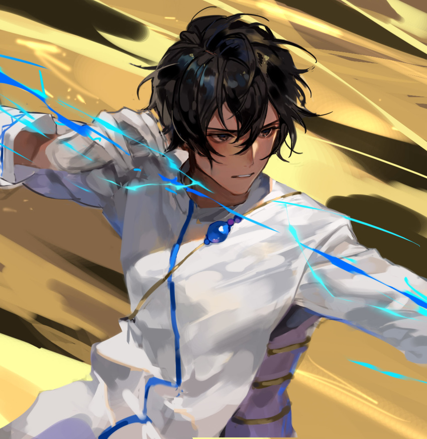 1boy arjuna_(fate/grand_order) black_eyes black_hair bow_(weapon) chyoel dark_skin dark_skinned_male drawing_bow energy_beam fate/grand_order fate_(series) gloves highres long_sleeves male_focus solo weapon white_gloves