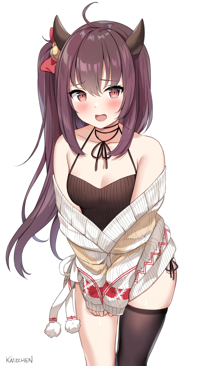 1girl absurdres armpit_crease artist_name azur_lane bare_shoulders bell blush bow breasts brown_hair brown_legwear collarbone dress embarrassed hair_bow halterneck highres horns isuzu_(azur_lane) jingle_bell kaetzchen long_hair long_sleeves looking_at_viewer medium_breasts off-shoulder_sweater off_shoulder open_mouth red_eyes ribbed_shirt ribbed_sweater shirt side_ponytail single_thighhigh sleeveless sleeveless_shirt solo spaghetti_strap standing sweater sweater_dress thigh-highs v_arms white_background