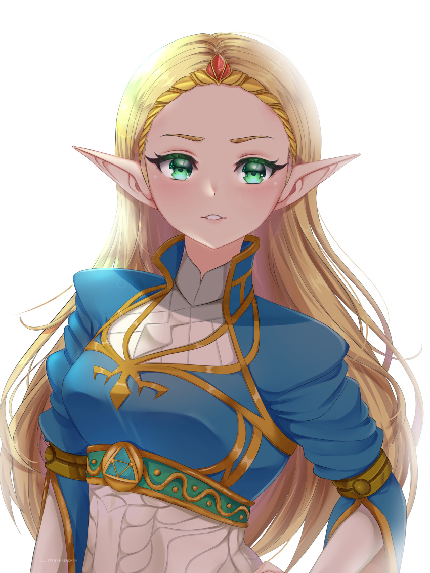 1girl absurdres artist_name backlighting blonde_hair blush breasts circlet colored_eyelashes commentary english_commentary eyelashes forehead gem highres lens_flare long_hair long_sleeves maen.chan medium_breasts pointy_ears princess_zelda simple_background solo straight_hair the_legend_of_zelda the_legend_of_zelda:_breath_of_the_wild triforce upper_body v-shaped_eyebrows very_long_hair white_background