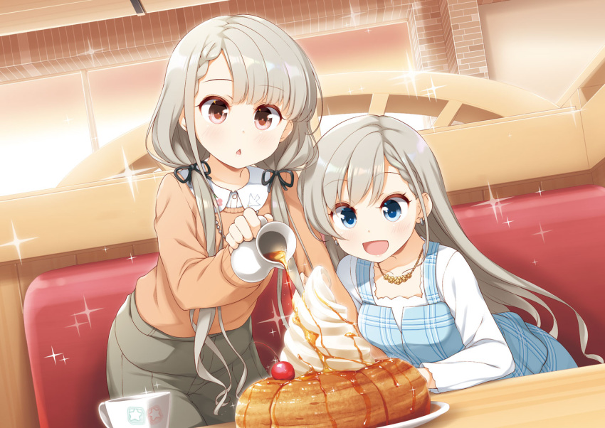 :d blue_dress blue_eyes brown_eyes brown_sweater cake chestnut_mouth dress earrings eyebrows_visible_through_hair food grey_shorts hisakawa_hayate hisakawa_nagi honey ice_cream idolmaster idolmaster_cinderella_girls jewelry leaning_forward necklace open_mouth ribbon shiro-noir shirt shorts siblings silver_hair smile sweater twintails white_shirt yume_no_owari