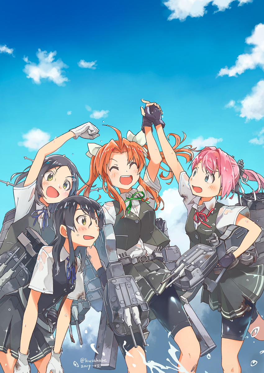 4girls ahoge arm_up bangs bike_shorts black_gloves black_hair blush breasts closed_eyes clouds dated day fingerless_gloves gloves grey_skirt grey_vest hair_ornament hair_ribbon hairclip hands_on_own_knees highres holding kagerou_(kantai_collection) kantai_collection kuroshio_(kantai_collection) kusakabe_(kusakabeworks) long_hair medium_breasts multiple_girls neck_ribbon open_mouth orange_hair oyashio_(kantai_collection) pink_hair pleated_skirt ponytail remodel_(kantai_collection) ribbon rigging school_uniform see-through see-through_silhouette shiranui_(kantai_collection) shirt short_hair short_sleeves shorts shorts_under_skirt sidelocks skirt sky small_breasts torn_clothes torn_shirt torn_skirt twintails twitter_username vest water wet wet_clothes wet_hair white_gloves white_shirt