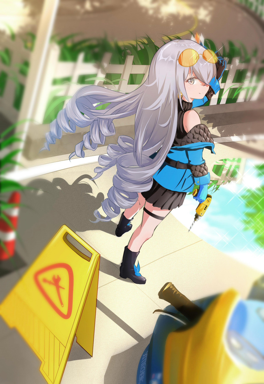 1girl absurdres bangs bare_shoulders black_footwear black_gloves black_jacket boots bronya_zaychik closed_mouth drill drill_hair eyewear_on_head gloves grey_eyes grey_hair ground_vehicle highres holding honkai_(series) honkai_impact_3rd jacket long_hair long_sleeves looking_at_viewer looking_back motor_vehicle motorcycle outdoors qq434787536 sleeveless sleeveless_sweater smile solo standing sunglasses sweater twin_drills