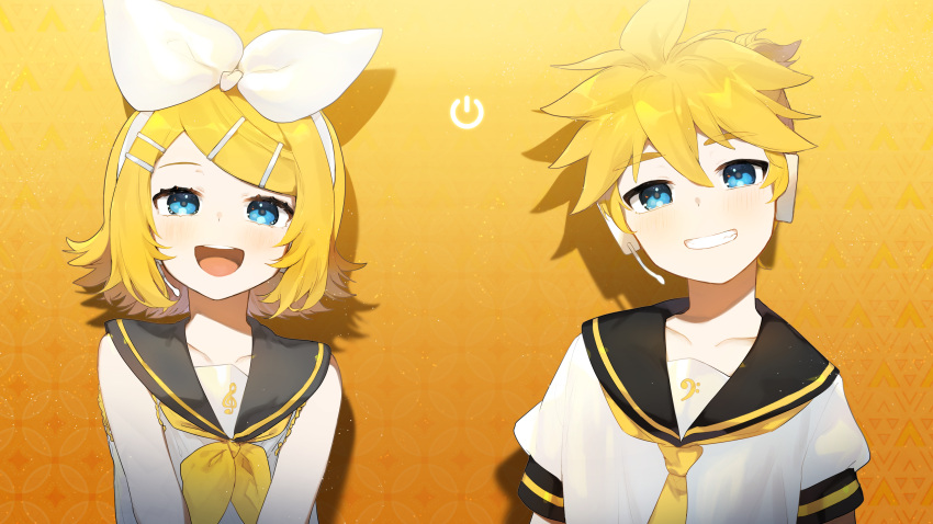 1boy 1girl :d absurdres bangs bare_shoulders bass_clef black_sailor_collar blonde_hair blue_eyes blush collarbone flipped_hair gradient gradient_background grin hair_ornament hairclip happy head_tilt headset highres kagamine_len kagamine_rin long_sleeves looking_at_viewer neckerchief necktie open_mouth orange_background sailor_collar short_hair short_sleeves sleeveless smile swept_bangs treble_clef upper_body vocaloid yamada_ichi yellow_background yellow_neckwear