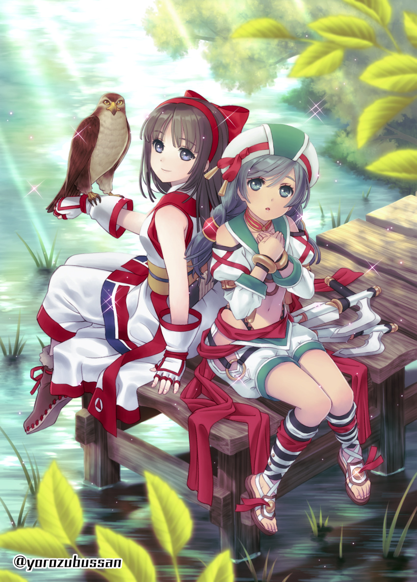 2girls absurdres ainu ainu_clothes armlet artist_name back-to-back bandeau bare_shoulders bird bird_on_arm black_hair boots bow bracelet braid crop_top crossover full_body gauntlets gorget green_hair hair_bow hair_tubes hairband hat hawk highleg highres jewelry kneehighs long_hair mamahaha multiple_girls nakoruru navel o-ring o-ring_top obi petals purple_hair red_bow samurai_spirits sandals sash shorts sidelocks sitting sleeveless smile soulcalibur sparkle talim tonfa twin_braids twintails twitter_username weapon yorozu