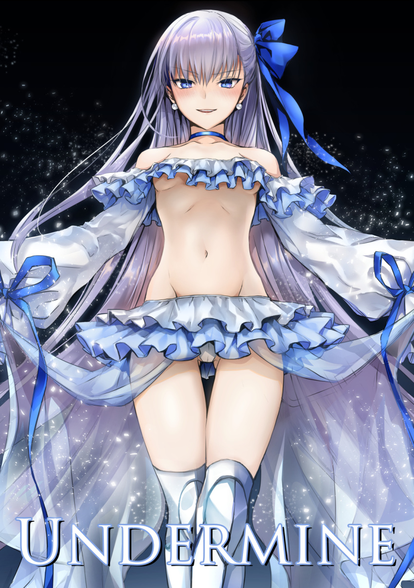 1girl bangs bare_shoulders bikini black_background blue_eyes blue_ribbon breasts choker collarbone earrings fate/grand_order fate_(series) frilled_bikini frills greaves hair_between_eyes highres jewelry long_hair long_sleeves looking_at_viewer meltryllis meltryllis_(swimsuit_lancer)_(fate) mintes navel open_mouth prosthesis prosthetic_leg puffy_sleeves purple_hair ribbon sarong sleeves_past_fingers sleeves_past_wrists small_breasts smile solo swimsuit thighs very_long_hair