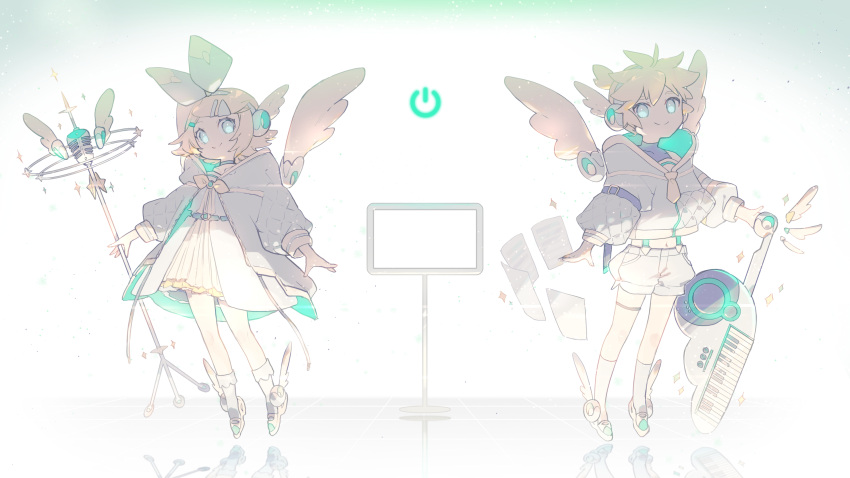 1boy 1girl absurdres angel_wings aqua_eyes arms_at_sides bangs bare_shoulders blonde_hair blue_eyes bobby_socks closed_mouth dress flipped_hair floating full_body glowing glowing_eyes gradient hair_ornament hair_ribbon hairband hairclip headphones highres holding hood hood_down hooded_jacket hoodie instrument jacket kagamine_len kagamine_rin keyboard_(instrument) kneehighs long_sleeves looking_at_viewer matching_outfit microphone_stand midriff monitor necktie plantar_flexion puffy_long_sleeves puffy_sleeves reflective_floor ribbon short_hair shorts smile socks suspender_shorts suspenders swept_bangs turtleneck vocaloid white_dress white_legwear white_shorts winged_footwear wings yamada_ichi