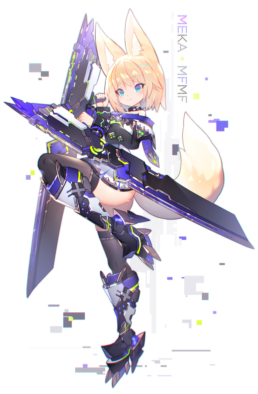 1girl absurdres animal_ears bangs bare_shoulders black_legwear blonde_hair blue_eyes blush boots collar dual_wielding eyebrows_visible_through_hair fox_ears fox_tail high_heel_boots high_heels highres holding holding_weapon mamuru original short_hair smile solo standing standing_on_one_leg tail thigh-highs weapon white_background