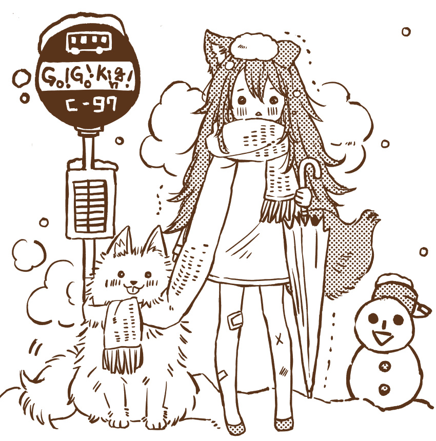 1girl absurdres animal animal_ears bandaid bandaid_on_knee bruise bus_stop circle_name dog full_body highres injury long_hair mitoko_(kuma) monochrome no_pants original road_sign scarf shared_scarf sign snow_on_head snowing snowman tail trembling umbrella wolf_ears wolf_tail
