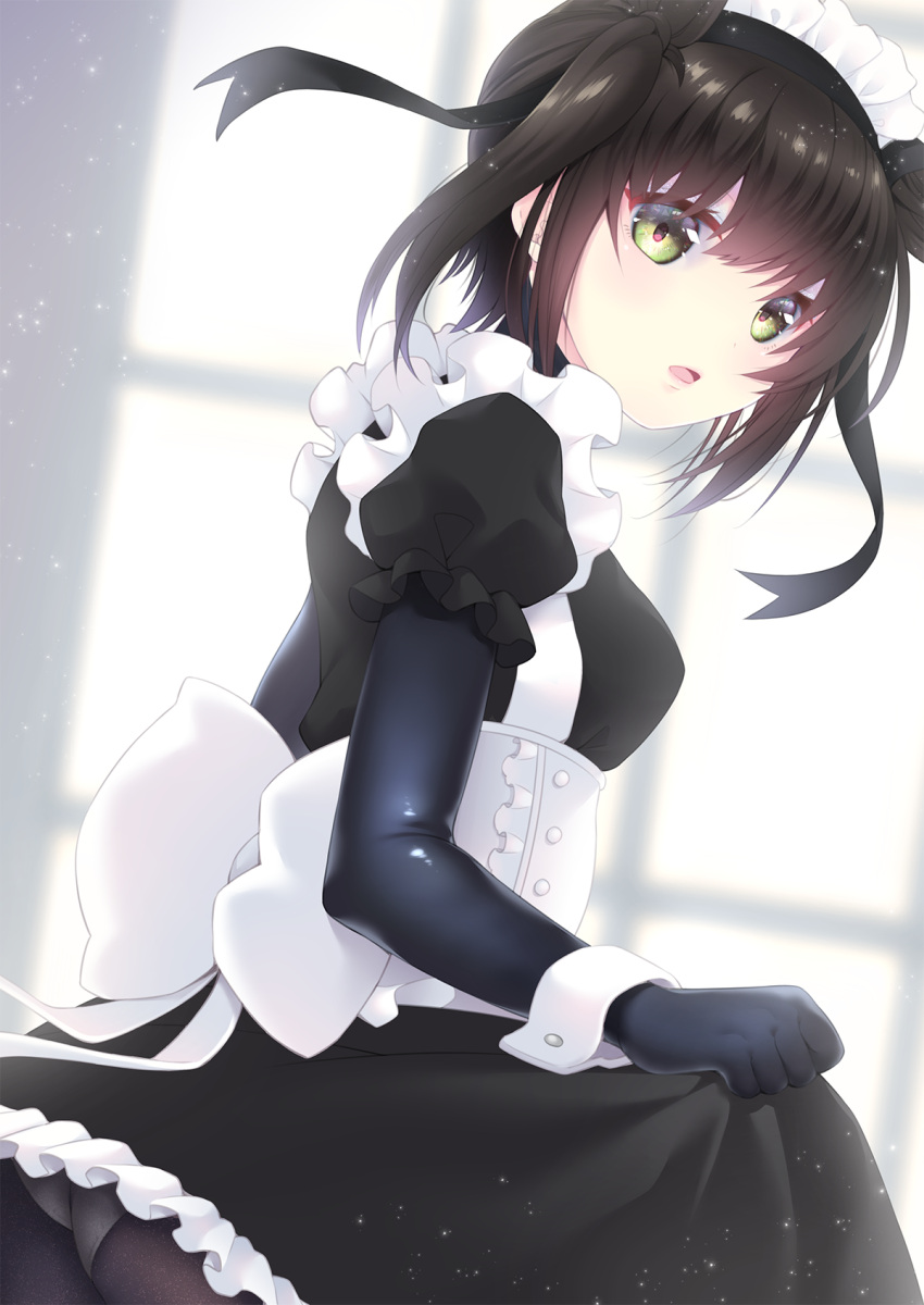 1girl alternate_costume apron black_dress bodysuit brown_hair cowboy_shot dress enmaided frilled_apron frills from_behind hair_flaps hatsuzuki_(kantai_collection) highres kantai_collection looking_at_viewer looking_back maid short_hair solo tsukimochikuriko_(tsukimochi_k) white_apron window yellow_eyes