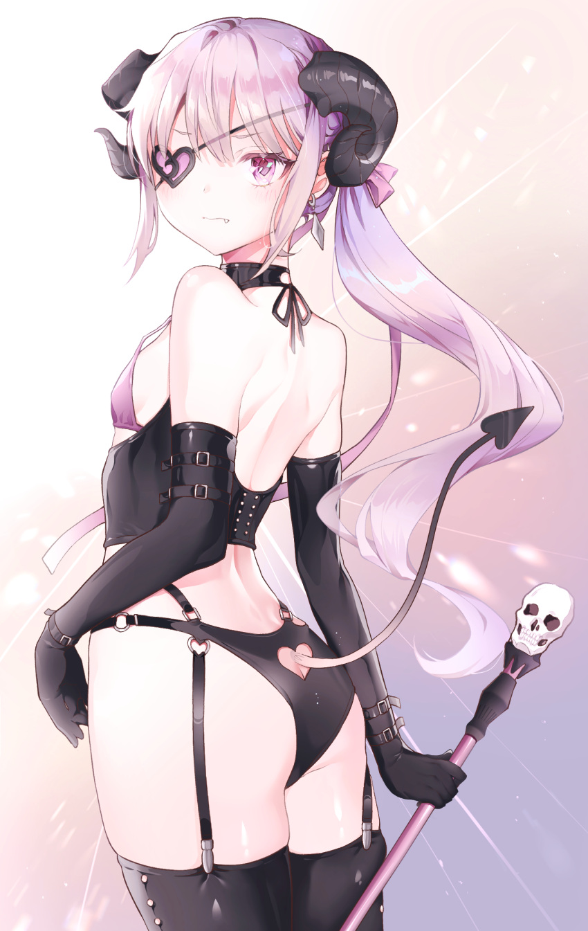 1girl ass backless_outfit bangs bare_shoulders black_gloves black_legwear black_panties blush bra breasts closed_mouth commentary_request cpqm curled_horns demon_girl demon_horns demon_tail earrings elbow_gloves eyebrows_visible_through_hair eyepatch fang fang_out garter_straps gloves hair_between_eyes heart heart_cutout heart_eyepatch heart_ring highres holding horns jewelry long_hair original panties ponytail purple_bra purple_hair revision skindentation skull small_breasts solo succubus tail tail_cutout tail_raised thigh-highs underwear very_long_hair violet_eyes