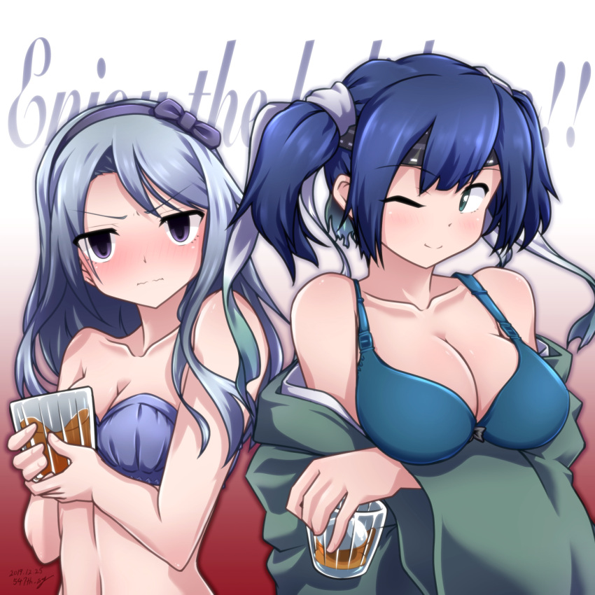 2girls 547th_sy background_text bangs blue_hair blush bra breasts closed_mouth collarbone cup dated english_text eyebrows_visible_through_hair hairband headband highres holding holding_cup ice ice_cube kantai_collection large_breasts long_hair medium_breasts multiple_girls one_eye_closed ribbon sagiri_(kantai_collection) signature silver_hair simple_background smile souryuu_(kantai_collection) twintails underwear