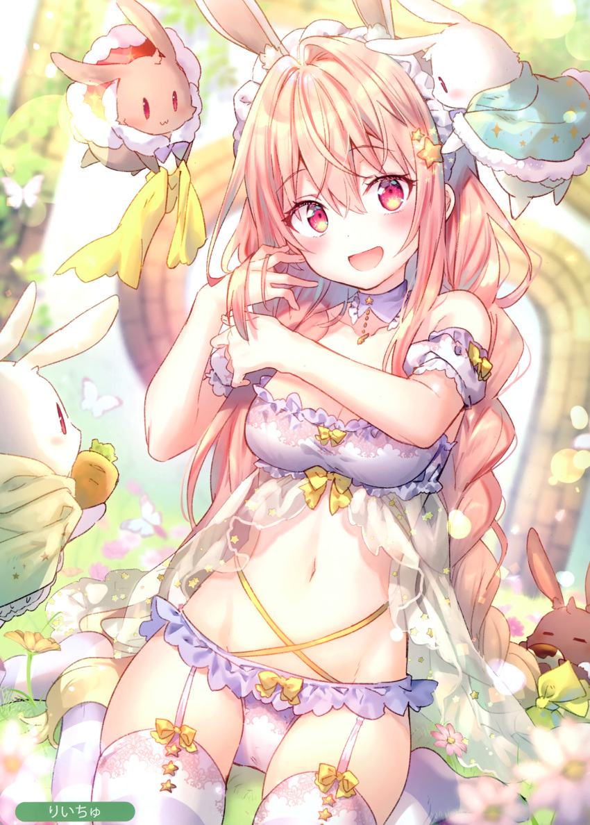 1girl :d absurdres animal animal_ears bare_shoulders blonde_hair blurry bra braid breasts bunny_girl carrot collarbone depth_of_field detached_collar detached_sleeves flower garter_straps hair_ornament headdress highres lingerie long_hair looking_at_viewer medium_breasts melonbooks navel no_shoes open_mouth original panties purple_bra purple_panties rabbit rabbit_ears red_eyes riichu scan see-through sidelocks sitting smile solo star star_hair_ornament stomach striped striped_legwear thigh-highs underwear underwear_only very_long_hair wariza white_flower
