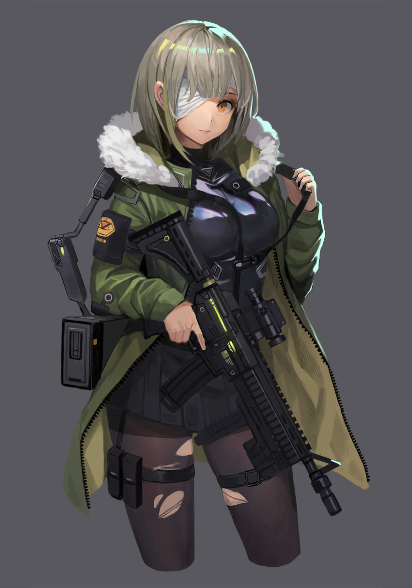 1girl assault_rifle bandage_over_one_eye belt_pouch black_shirt black_skirt breasts brown_legwear commentary cropped_legs expressionless fur_trim green_jacket grey_background grey_hair gun gun_request highres holding holding_gun holding_weapon jacket leg_belt long_sleeves looking_at_viewer medium_breasts military military_uniform miniskirt multicolored_hair open_clothes open_jacket orange_eyes original pantyhose pleated_skirt pouch rainmood rifle scope shirt short_hair simple_background skirt solo strap streaked_hair torn_clothes torn_legwear trigger_discipline uniform weapon