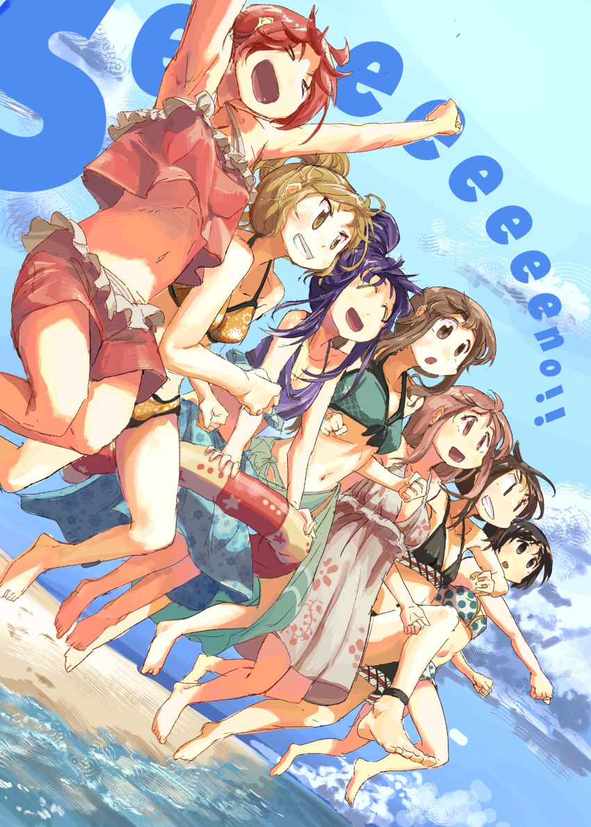 &gt;_&lt; 6+girls \o/ absurdres aikawa_chiho arms_up beach bikini black_hair blonde_hair brown_hair clenched_hands closed_eyes dress enjinedison hair_bun hasegawa_fumi highres hinata_yukari ichii_yui innertube jumping matsumoto_yoriko multiple_girls nonohara_yuzuko okano_kei outstretched_arms pink_hair polka_dot polka_dot_bikini purple_hair sarong summer sundress swimsuit tied_hair yuyushiki