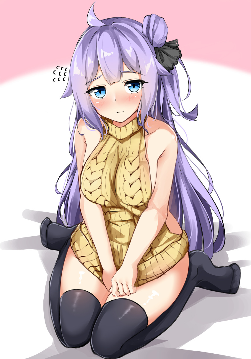 1girl absurdres ahoge aran_sweater azur_lane bare_arms bare_shoulders black_legwear black_ribbon blue_eyes blush breasts brown_sweater closed_mouth commentary_request flying_sweatdrops hair_bun hair_ribbon highres long_hair medium_breasts meme_attire moyoron no_shoes one_side_up purple_hair ribbed_sweater ribbon side_bun sitting sleeveless sleeveless_sweater sleeveless_turtleneck solo sweater thigh-highs turtleneck turtleneck_sweater unicorn_(azur_lane) v_arms very_long_hair virgin_killer_sweater wariza