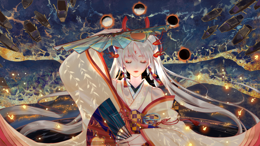 1girl bangs boat burning closed_mouth commentary_request dancing double_bun eyelashes facial_mark facing_viewer fan folding_fan forehead_mark hair_ornament hand_up holding holding_fan japanese_clothes kimono lipstick long_hair long_sleeves makeup mascara moon_phases ocean off_shoulder onmyoji projected_inset red_lips red_nails say_hana see-through_silhouette shiranui_(onmyoji) shore solo tassel twintails upper_body very_long_hair watercraft white_hair white_kimono wide_sleeves