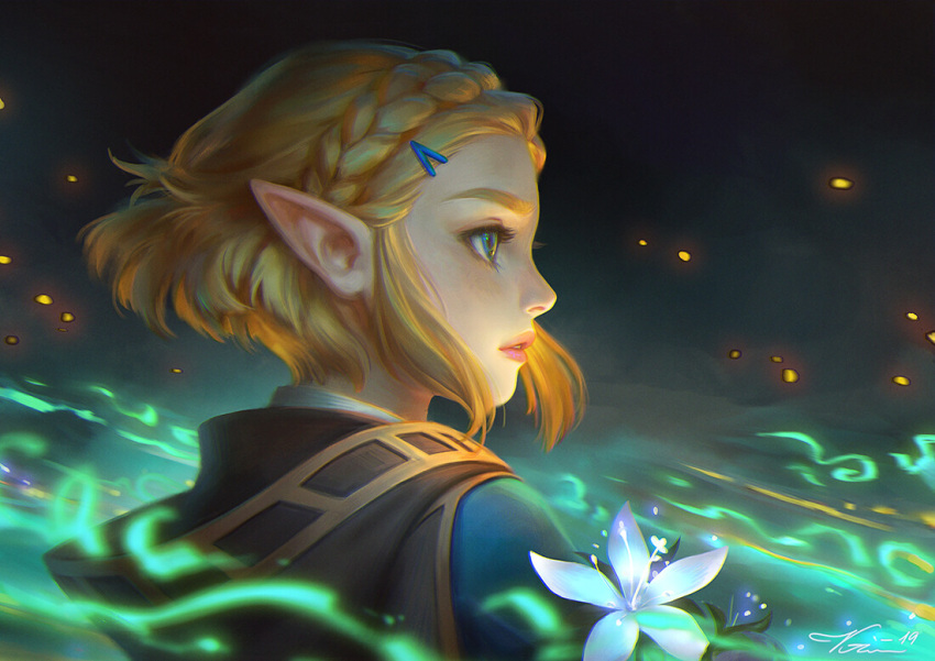 1girl aura blonde_hair blue_eyes blue_tunic braid cloak english_commentary flower french_braid from_side hair_ornament hairclip parted_lips pink_lips pointy_ears princess_zelda profile short_hair the_legend_of_zelda the_legend_of_zelda:_breath_of_the_wild viktoria_gavrilenko