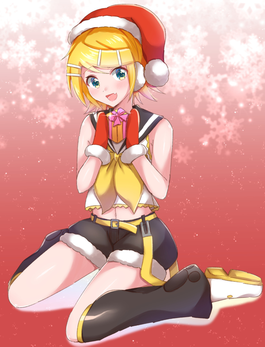 1girl bangs bare_shoulders belt black_collar blonde_hair blue_eyes box christmas collar commentary crop_top earmuffs fang fur-trimmed_hat fur-trimmed_mittens fur-trimmed_shorts fur_trim gift gift_box hair_ornament hairclip hat highres kagamine_rin leg_warmers looking_at_viewer midriff mittens navel open_mouth red_background red_headwear red_mittens sailor_collar santa_hat shirt shoes short_hair short_shorts shorts sitting sleeveless sleeveless_shirt smile snowflake_background solo sparkle supo01 swept_bangs vocaloid wariza white_footwear white_shirt