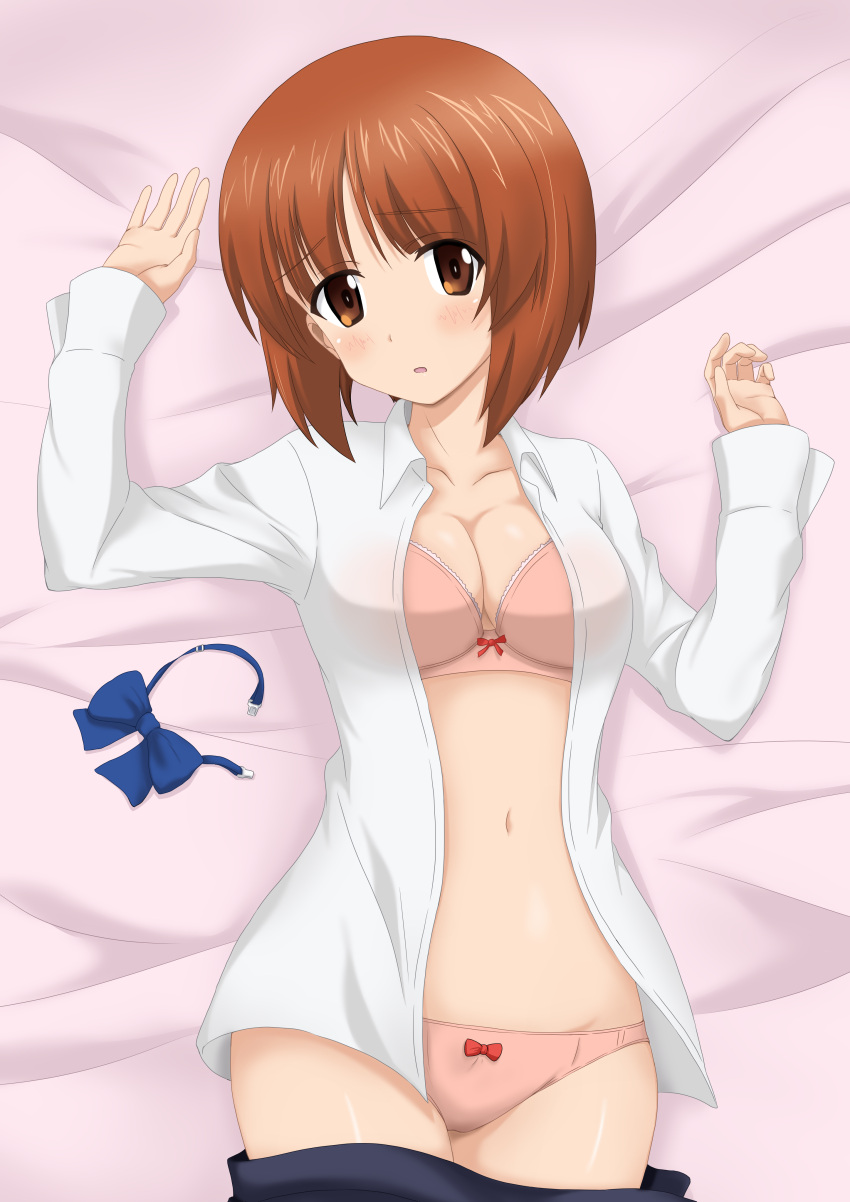 1girl absurdres alternate_costume arms_up bangs bed_sheet blue_neckwear blush bow bow_bra bow_panties bowtie bowtie_removed bra breasts brown_eyes brown_hair commentary eyebrows_visible_through_hair flatfield from_above girls_und_panzer head_tilt highres light_frown long_sleeves looking_at_viewer lying medium_breasts nishizumi_miho on_back on_bed open_clothes open_mouth open_shirt panties parted_lips pink_bra pink_panties school_uniform shirt short_hair skirt skirt_pull solo underwear white_shirt wing_collar