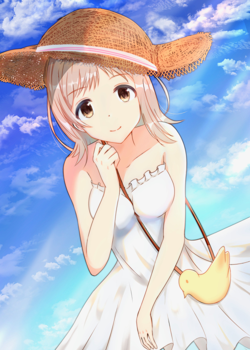 1girl bag blue_sky breasts cowboy_shot dress dutch_angle handbag hat highres idolmaster idolmaster_shiny_colors light_brown_hair looking_at_viewer sakuragi_mano sky so_korokoro solo straw_hat sundress