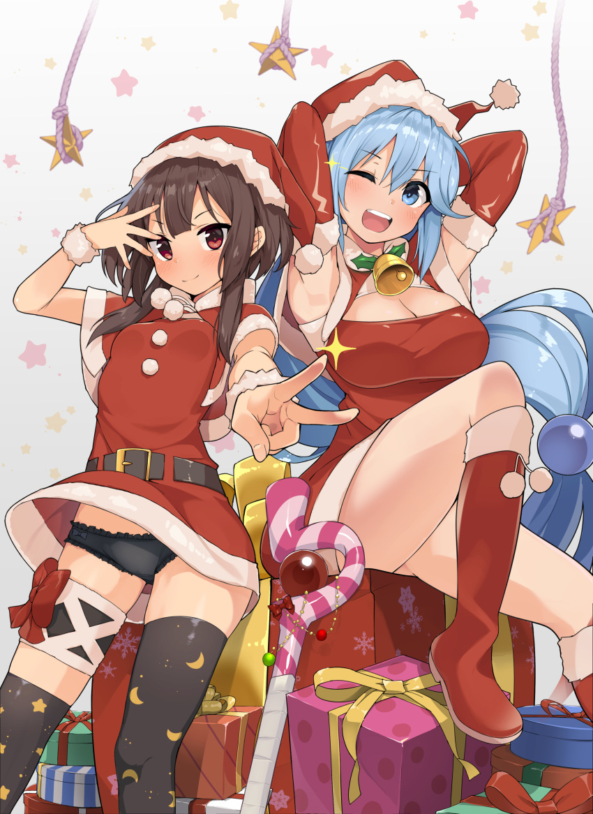 2girls absurdres aqua_(konosuba) armpits arms_up bandages black_hair black_panties blue_eyes blue_hair blush boots breasts cape christmas commentary_request fingerless_gloves fur-trimmed_hat fur_trim gift gloves hair_ornament hair_rings hat highres jovejun knee_boots kono_subarashii_sekai_ni_shukufuku_wo! long_hair looking_at_viewer megumin multiple_girls open_mouth panties red_eyes red_footwear santa_costume santa_hat short_hair single_thighhigh smile thigh-highs underwear