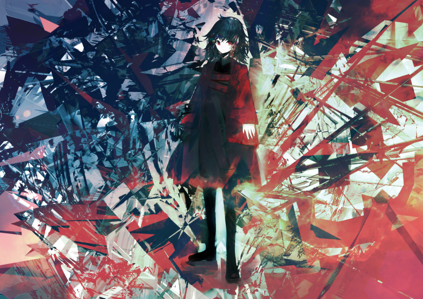 1girl abstract_background absurdres amenosoto arms_at_sides black_dress black_hair brown_footwear closed_mouth coat dress expressionless full_body highres huge_filesize loafers long_sleeves looking_at_viewer open_clothes open_coat original red_coat red_eyes shoes short_hair solo standing thanatos_(vocaloid) vocaloid