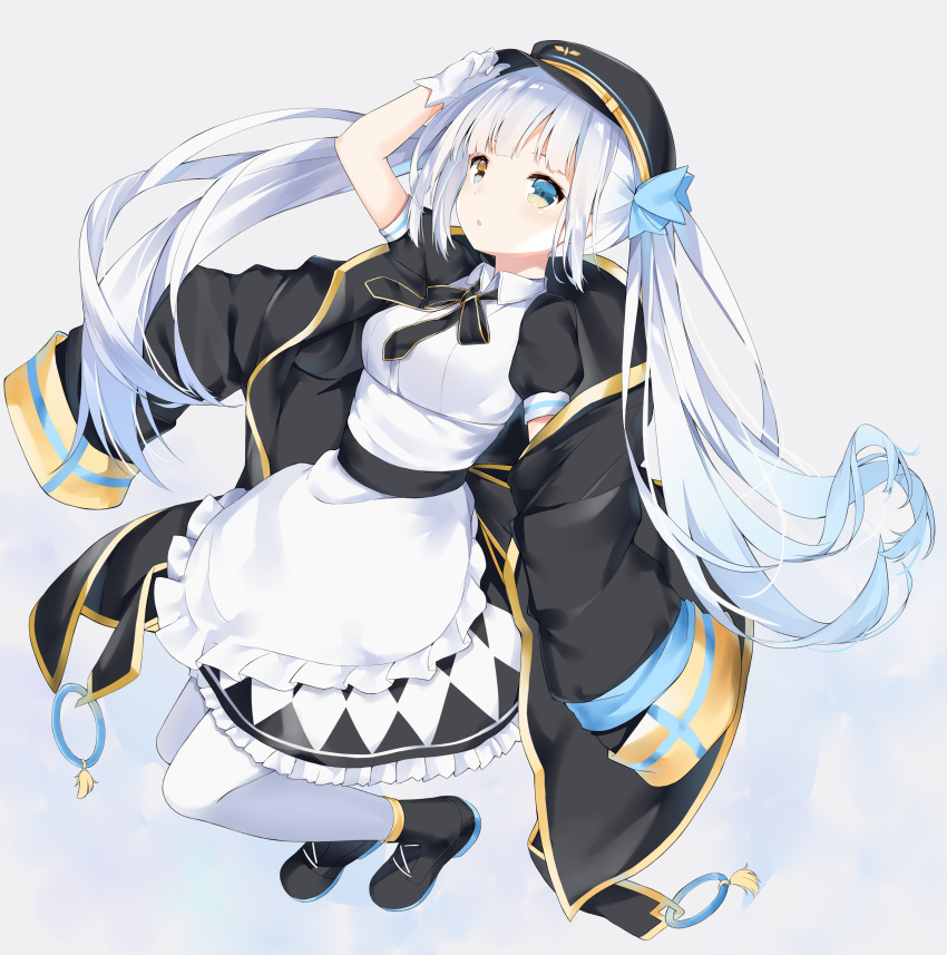 1girl :o absurdres apron arm_up bangs black_dress black_footwear black_headwear black_jacket black_ribbon blue_bow blue_eyes blush boots bow breasts brown_eyes collared_dress commentary_request dress eyebrows_behind_hair frilled_apron frills full_body fuyuki030 gloves grey_background hair_bow hat heterochromia highres jacket kagura_mea kagura_mea_channel long_hair long_sleeves medium_breasts neck_ribbon pantyhose parted_lips peaked_cap puffy_short_sleeves puffy_sleeves ribbon short_sleeves silver_hair simple_background sleeves_past_fingers sleeves_past_wrists solo twintails very_long_hair virtual_youtuber white_apron white_gloves white_legwear wide_sleeves