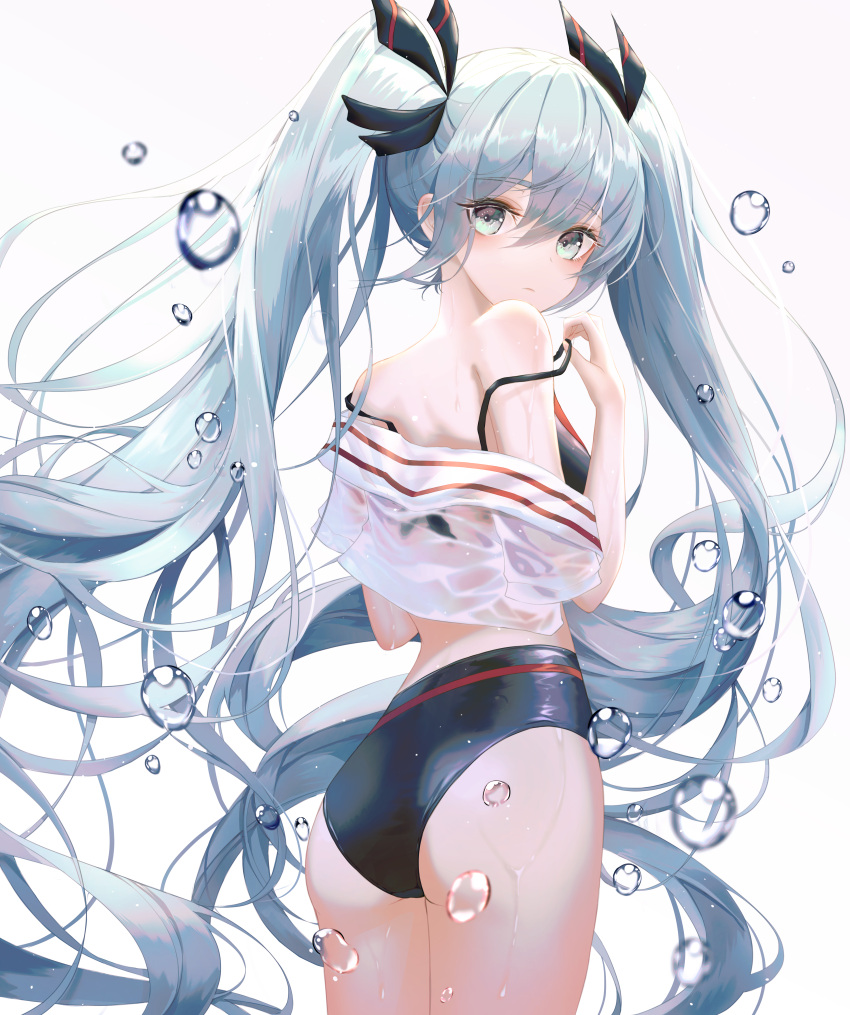 1girl absurdres ass bare_shoulders bbeedol bikini black_bikini blue_eyes blue_hair breasts cowboy_shot crop_top floating_hair hair_between_eyes hair_ribbon hand_up hatsune_miku highres huge_filesize long_hair looking_at_viewer looking_back medium_breasts ribbon see-through shirt short_sleeves sidelocks simple_background solo strap_slip swimsuit twintails very_long_hair vocaloid water_drop wet wet_clothes wet_shirt white_background white_shirt