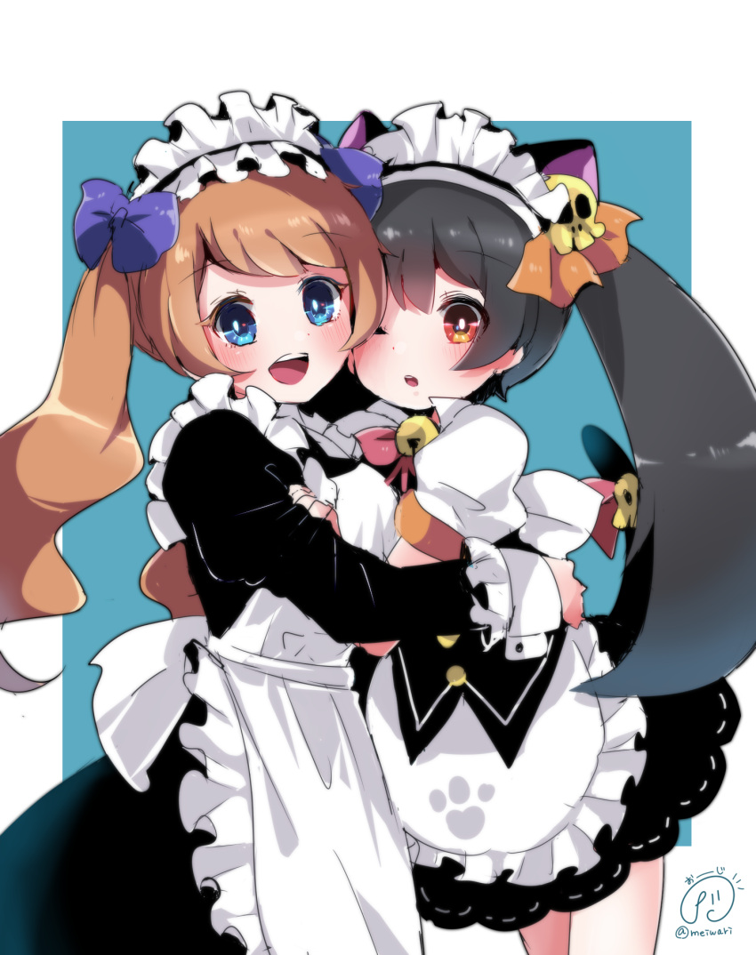 2girls alternate_costume alternate_hairstyle animal_ears apron artist_name ashley_(warioware) back_bow bangs bell black_dress black_hair blue_background blue_bow blue_eyes blush bow bowtie breasts brown_hair cat_ears cat_tail commentary_request dress enmaided eyebrows_visible_through_hair frills hair_bow hair_ornament happy herunia_kokuoji highres hug jingle_bell long_hair long_sleeves looking_at_viewer maid maid_apron maid_headdress medium_breasts mona_(warioware) multiple_girls neck_bell one_eye_closed open_mouth orange_bow paw_print puffy_short_sleeves puffy_sleeves red_eyes red_neckwear shiny shiny_hair short_sleeves signature simple_background skull skull_hair_ornament smile standing tail tail_bow teeth tied_hair twintails twitter_username two-tone_background warioware