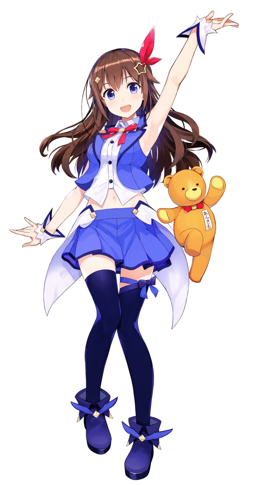 1girl :d amagai_tarou ankimo_(tokino_sora_channel) ankle_boots arm_up armpits asymmetrical_legwear black_legwear blue_bow blue_eyes blue_footwear blue_skirt blush boots bow breasts brown_hair buttons collared_shirt commentary commentary_request diamond_(shape) hair_bow hair_ornament hand_up highres hololive leg_ribbon long_hair looking_at_viewer medium_breasts miniskirt name_tag navel official_art open_mouth red_bow ribbon shirt shoes skindentation skirt sleeveless sleeveless_shirt smile star star_hair_ornament stuffed_animal stuffed_toy teddy_bear teeth thigh-highs thigh_strap thighhighs_under_boots thighs tokino_sora tokino_sora_channel transparent_background vest vest_over_shirt virtual_youtuber visible_ears white_shirt winged_footwear wrist_cuffs zettai_ryouiki