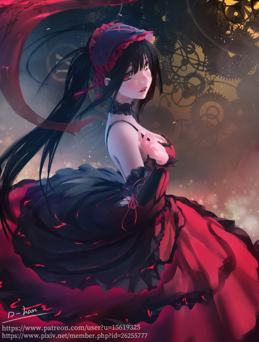 1girl absurdres artist_name black_hair blush breasts choker d-han date_a_live detached_sleeves from_side gears hairband heterochromia highres lace lace_choker lolita_fashion lolita_hairband long_hair low-cut medium_breasts parted_lips red_eyes roman_numerals solo teeth twintails watermark web_address yellow_eyes