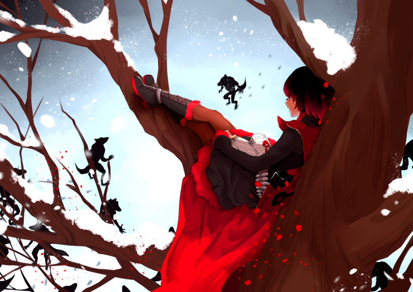 1girl absurdres black_hair book boots breasts cape capelet cloak full_body gothic_lolita grey_eyes grimm highres hood ilovetzxmjso little_red_riding_hood lolita_fashion medium_breasts multicolored_hair petals reading redhead rose_petals ruby_rose rwby short_hair smile snow solo thigh-highs tree