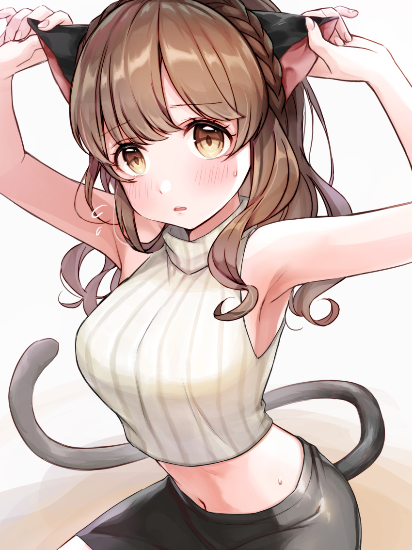 1girl absurdres animal_ears arched_back armpits arms_up bike_shorts black_shorts blush braid breasts brown_eyes brown_hair cat_ears cat_girl cat_tail commentary_request crop_top ear_grab flying_sweatdrops french_braid gradient gradient_background high_collar highres large_breasts long_hair looking_at_viewer navel original parted_lips shirt shorts sitting sleeveless sleeveless_shirt solo sweatdrop tail tan_background upper_body utaka_(anyoanyot) white_background white_shirt