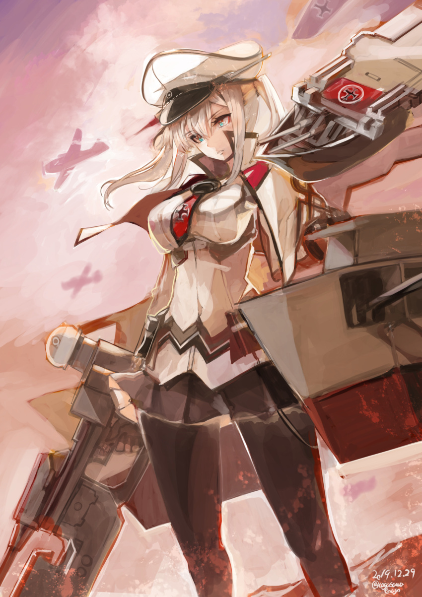 1girl absurdres aircraft airplane black_gloves black_legwear blonde_hair blue_eyes blush breasts cannon capelet cross gloves graf_zeppelin_(kantai_collection) grey_eyes hair_between_eyes hat highres impossible_clothes jacket kantai_collection large_breasts long_hair looking_at_viewer machinery military military_uniform miniskirt nagasawa_tougo necktie pantyhose peaked_cap sidelocks skirt turret twintails uniform