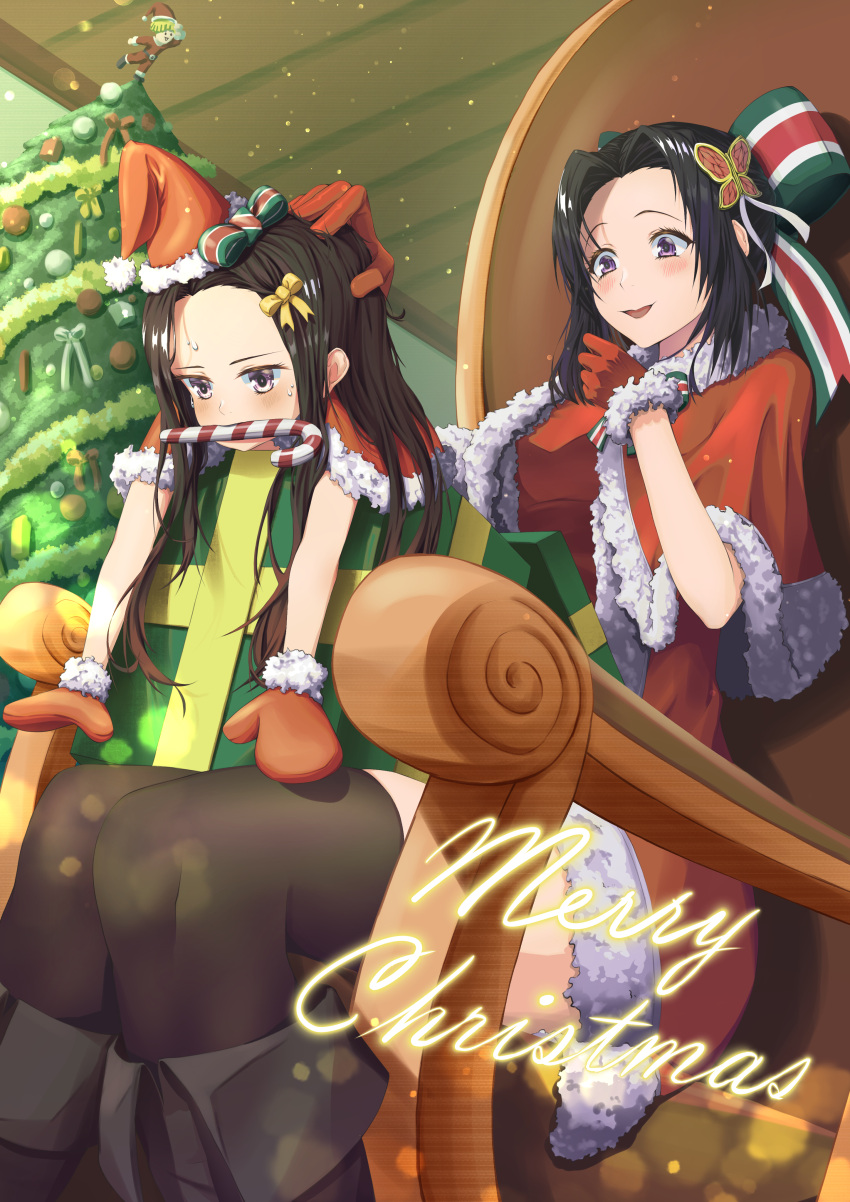 2girls :d absurdres agatsuma_zenitsu alternate_costume black_footwear black_hair black_legwear blush bow box breasts butterfly_hair_ornament candy candy_cane capelet character_doll christmas christmas_tree commentary dress english_commentary food food_in_mouth fur-trimmed_capelet fur-trimmed_dress fur-trimmed_gloves fur_trim gift gloves hair_bow hair_ornament hat highres in_box in_container indoors kamado_nezuko kimetsu_no_yaiba kochou_shinobu long_hair looking_at_another looking_away looking_down medium_breasts medium_hair merry_christmas mouth_hold multicolored_hair multiple_girls on_lap open_mouth orange_hair petting pink_eyes red_capelet red_dress santa_costume santa_hat skindentation smile solo sweat thigh-highs two-tone_hair very_long_hair violet_eyes yellow_bow ytmelc