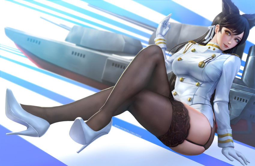 1girl absurdres aiguillette animal_ears artist_name atago_(azur_lane) azur_lane bangs black_hair black_legwear breasts closed_mouth crossed_legs double-breasted dutch_angle extra_ears eyeliner full_body garter_belt gloves gumroad_reward hair_ribbon hand_up high_collar high_heels highres lace lace-trimmed_legwear large_breasts legs limgae lips lipstick long_hair looking_at_viewer makeup medium_breasts military military_uniform miniskirt paid_reward patreon_username pencil_skirt ribbon ship side_slit sitting skindentation skirt solo swept_bangs thigh-highs thighs uniform watercraft white_footwear white_gloves white_ribbon yellow_eyes