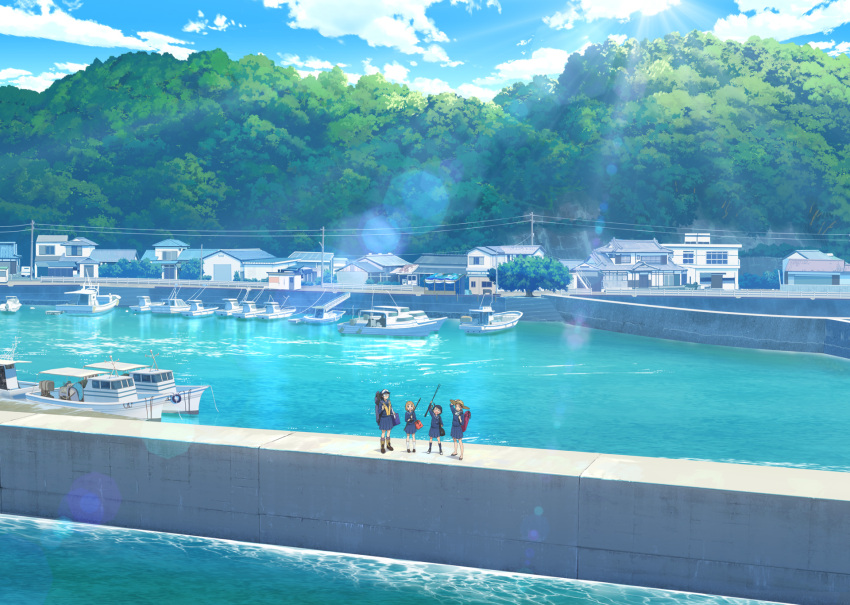 4girls :d backpack bag black_hair blue_jacket blue_skirt blue_sky boat boots brown_eyes brown_hair building clouds day dock door fishing_rod garage glasses guard_rail hadoka_natsumi harbor hat highres holding holding_fishing_rod houkago_teibou_nisshi house jacket kuroiwa_yuuki landscape lens_flare multiple_girls official_art oono_makoto opaque_glasses open_mouth outdoors pleated_skirt power_lines road scenery school_uniform shoes skirt sky smile socks sparkle standing sun sun_hat tree tsurugi_hina water watercraft window