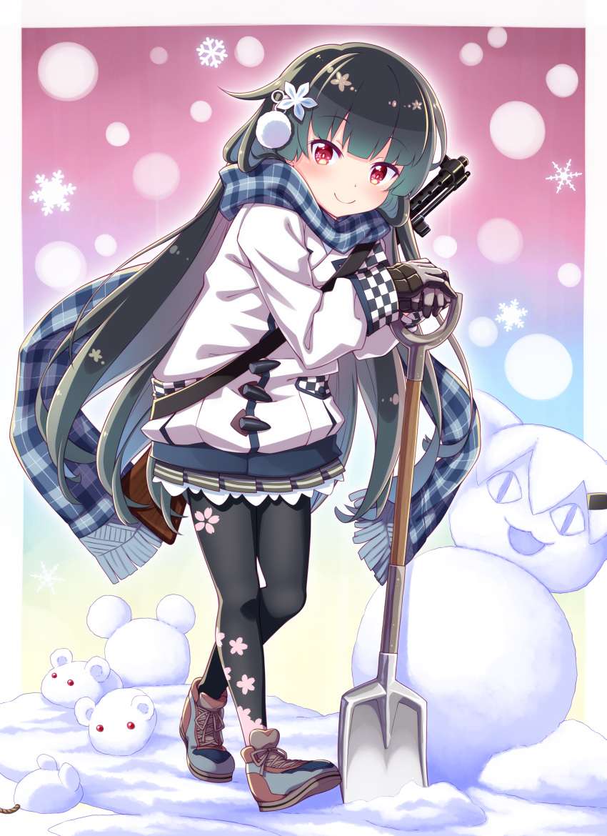 1girl absurdres alternate_costume bangs black_hair blunt_bangs checkered checkered_scarf cherry_blossom_print closed_mouth coat earmuffs eyebrows eyebrows_visible_through_hair flower girls_frontline gun hair_flower hair_ornament haradaiko_(arata_himeko) highres holding idw_(girls_frontline) looking_at_viewer pantyhose red_eyes scarf shoes shovel smile sneakers snow snowflakes snowing snowman solo submachine_gun type_100 type_100_(girls_frontline) weapon white_coat