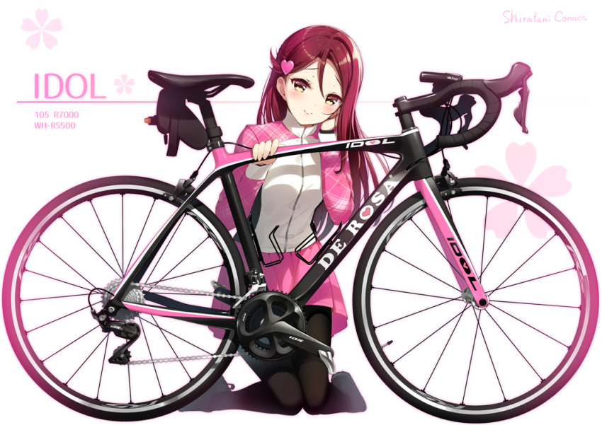 1girl bicycle black_legwear blush breasts closed_mouth commentary_request full_body gradient ground_vehicle hair_behind_ear hair_between_eyes hair_ornament hairclip half_updo hand_in_hair hand_on_ear head_tilt huyukaaki jacket kneeling long_hair long_sleeves looking_at_viewer love_live! love_live!_school_idol_project love_live!_sunshine!! miniskirt pantyhose pink_skirt plaid pleated_skirt redhead sakurauchi_riko shoes skirt skirt_set small_breasts smile sneakers solo white_background yellow_eyes