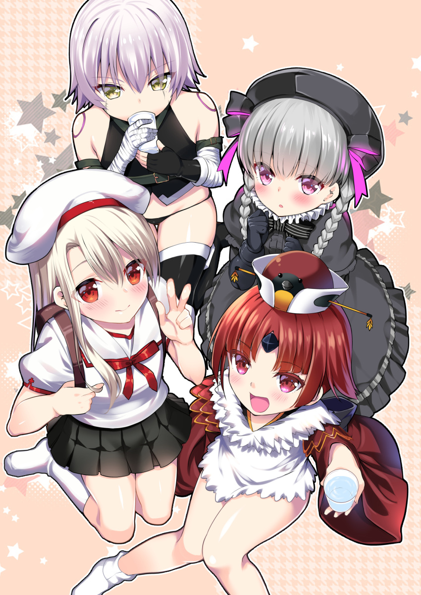 4girls bandaged_arm bandages bangs bare_shoulders benienma_(fate/grand_order) black_dress black_gloves black_headwear black_legwear black_panties black_skirt blonde_hair blush braid breasts commentary_request cup dress drinking eyebrows_visible_through_hair fate/grand_order fate_(series) fingerless_gloves from_above gloves green_eyes grey_hair highres holding illyasviel_von_einzbern jack_the_ripper_(fate/apocrypha) long_hair looking_at_viewer multiple_girls nursery_rhyme_(fate/extra) panties pikazo pink_eyes red_eyes redhead shirt short_hair skirt small_breasts socks tattoo twin_braids underwear w white_hair white_headwear white_legwear white_shirt wide_sleeves