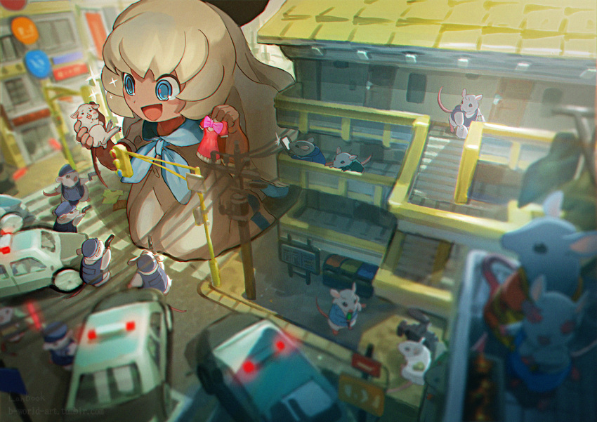 1girl :d ascot bangs blonde_hair blue_eyes car child city dress fantasy grey_dress ground_vehicle kneeling lanbook looking_at_another motor_vehicle mouse open_mouth original police police_car red_dress road scenery smile sparkle street telephone_pole town