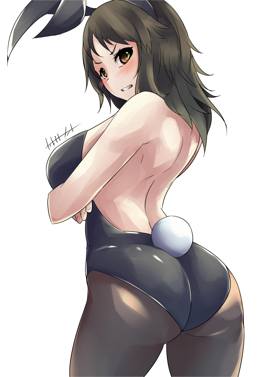 1girl absurdres animal_ears artist_name ass back backless_outfit bangs black_eyes black_hair black_legwear black_leotard blush bunny_tail bunnysuit commentary covering covering_breasts cowboy_shot crossed_arms fake_animal_ears fake_tail from_behind frown girls_und_panzer grimace highres kakimoto_nao leotard long_hair looking_at_viewer looking_back murakami_(girls_und_panzer) pantyhose rabbit_ears signature simple_background solo standing tail white_background