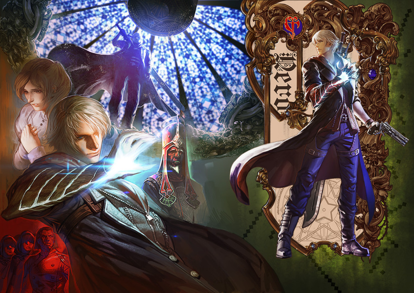 1girl closed_mouth coat credo dante_(devil_may_cry) devil_may_cry devil_may_cry_4 et.m gloves gun jacket kyrie multiple_boys nero_(devil_may_cry) robe short_hair silver_hair sword weapon white_hair