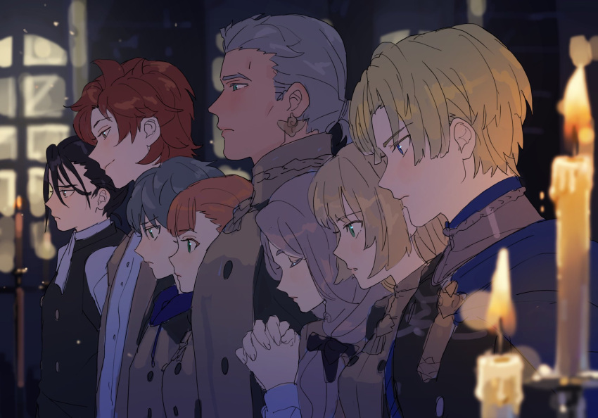 3girls 5boys annette_fantine_dominic ashe_ubert bangs black_hair blonde_hair blue_eyes blunt_bangs brown_eyes candle closed_eyes closed_mouth dedue_molinaro dimitri_alexandre_blaiddyd earrings eyebrows_visible_through_hair felix_hugo_fraldarius fire fire_emblem fire_emblem:_three_houses from_side garreg_mach_monastery_uniform green_eyes grey_hair hair_between_eyes hair_over_shoulder hands_clasped highres indoors ingrid_brandl_galatea jewelry low_ponytail mercedes_von_martritz miniskirt multiple_boys multiple_girls own_hands_together praying profile redhead school_uniform sketch skirt smile sylvain_jose_gautier upper_body