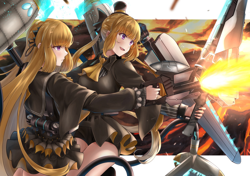 2girls absurdres ascot ash_arms black_blouse black_border black_ribbon black_shorts blonde_hair blouse border bow clouds cloudy_sky commentary expressionless eyebrows_visible_through_hair firing flying gun hair_bow hair_ribbon highres holding holding_gun holding_spear holding_weapon letterboxed light_particles long_sleeves looking_to_the_side mecha_musume multiple_girls numaguro_(tomokun0808) open_mouth orange_sky outdoors p-38_lightning_(ash_arms) polearm ponytail ribbon short_shorts shorts siblings sidelocks sisters sky smile spear sunset violet_eyes weapon wing_collar yellow_neckwear
