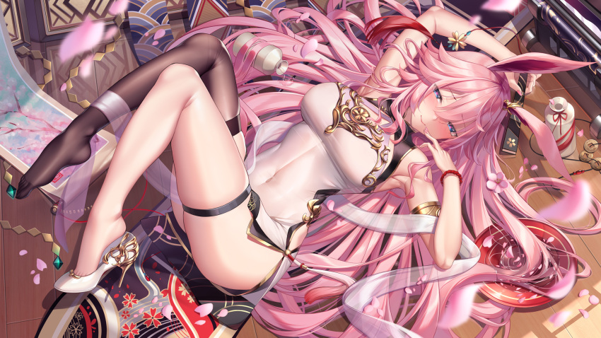 abs animal_ears black_legwear breasts china_dress chinese_clothes dress feet fox_ears hair_flaps highres honkai_(series) honkai_impact_3rd long_hair medium_breasts messy_hair nontraditional_miko obi pink_hair pupupu_(1053378452) sash skirt thighs very_long_hair violet_eyes yae_sakura