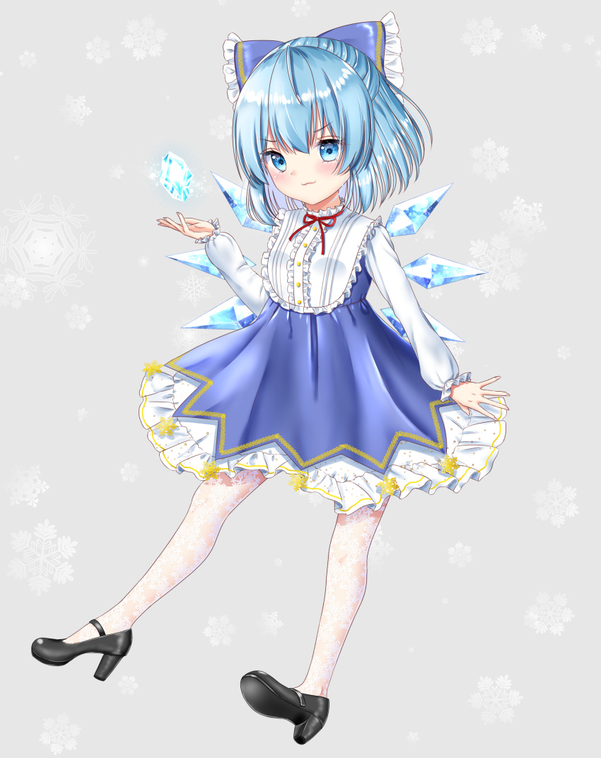 1girl :3 absurdres adapted_costume arm_up black_footwear blue_dress blue_eyes blue_hair blush bow cirno commentary_request dress embroidered_dress eyebrows_visible_through_hair full_body grey_background hair_between_eyes hair_bow half_updo high_heels highres ice lace lace_legwear layered_dress long_sleeves looking_at_viewer nyanyanoruru pinafore_dress shirt simple_background smile snowflake_background snowflakes solo touhou white_legwear white_shirt wings