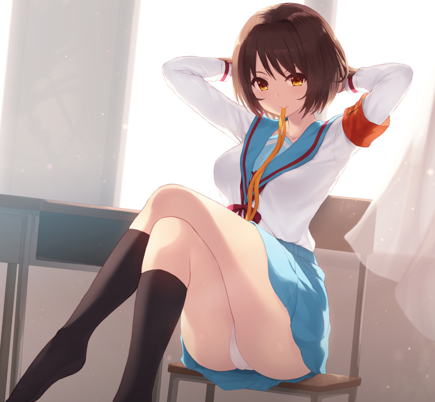 1girl armband arms_behind_head arms_up backlighting bangs black_legwear blue_sailor_collar blue_skirt breasts brown_eyes brown_hair cait chair closed_mouth crossed_legs curtains feet_out_of_frame hair_ribbon indoors kita_high_school_uniform kneehighs light_smile long_sleeves medium_breasts mouth_hold no_shoes on_chair panties pleated_skirt ribbon ribbon_in_mouth sailor_collar school_uniform serafuku shirt sitting skirt solo suzumiya_haruhi suzumiya_haruhi_no_yuuutsu table underwear white_panties white_shirt window yellow_ribbon